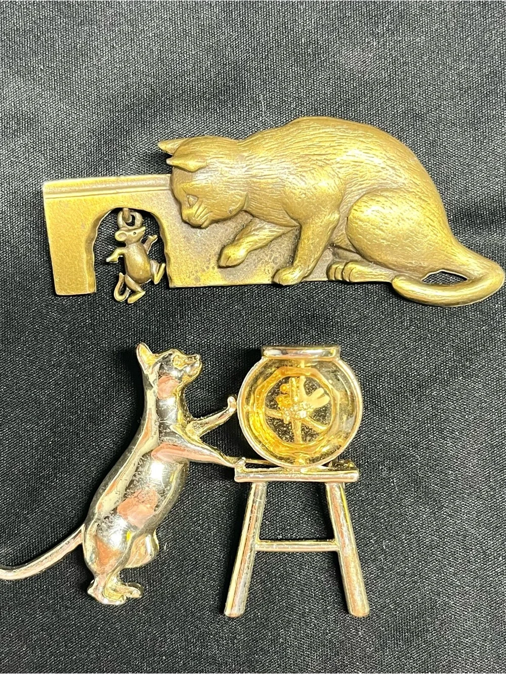 Vintage Cat Brooch Set - Cat & Mouse, Can & Fishbowl brooches pins
